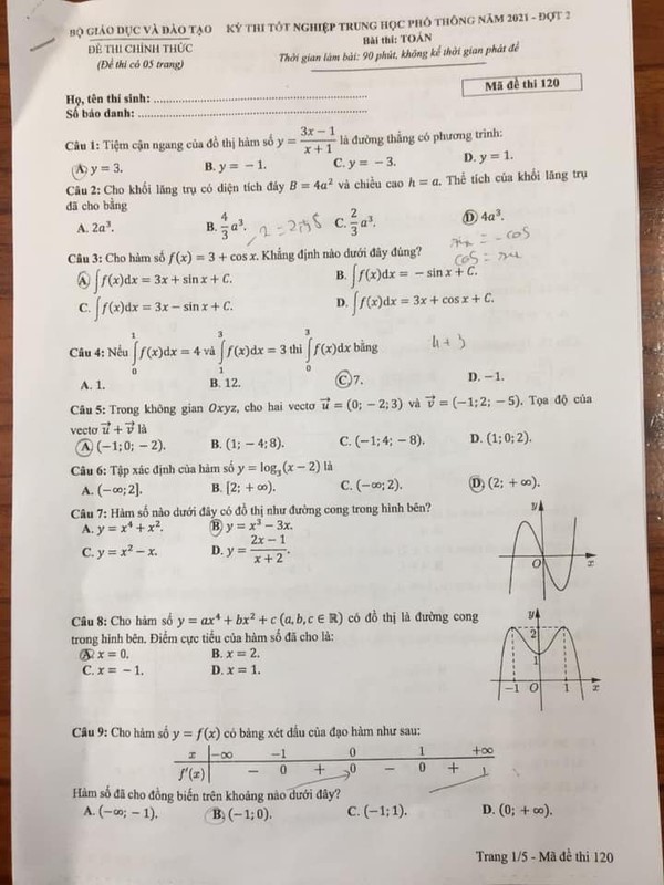 Đáp án đề thi THPT Quốc gia 2021 môn Toán đợt 2