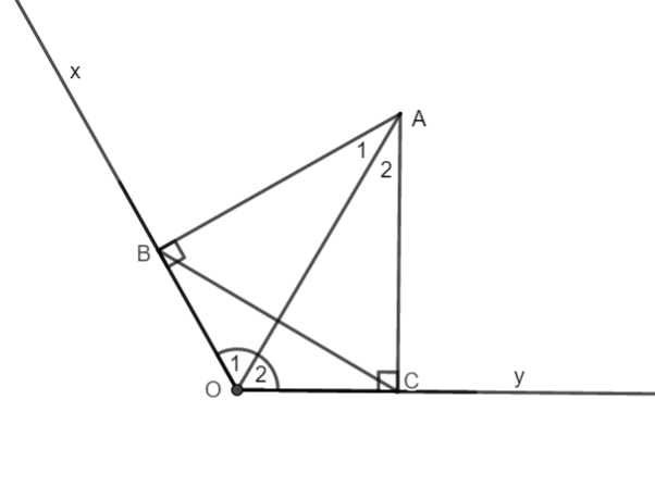 Cho góc xOy có số đo 120^0 , điểm A thuộc tia phân giác của góc đó. Kẻ AB vuông góc với Ox