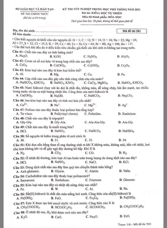 Đáp án Hóa THPT Quốc Gia 2021