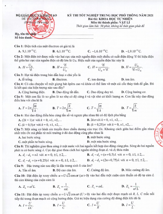 Đáp án Vật Lý THPT Quốc gia 2021