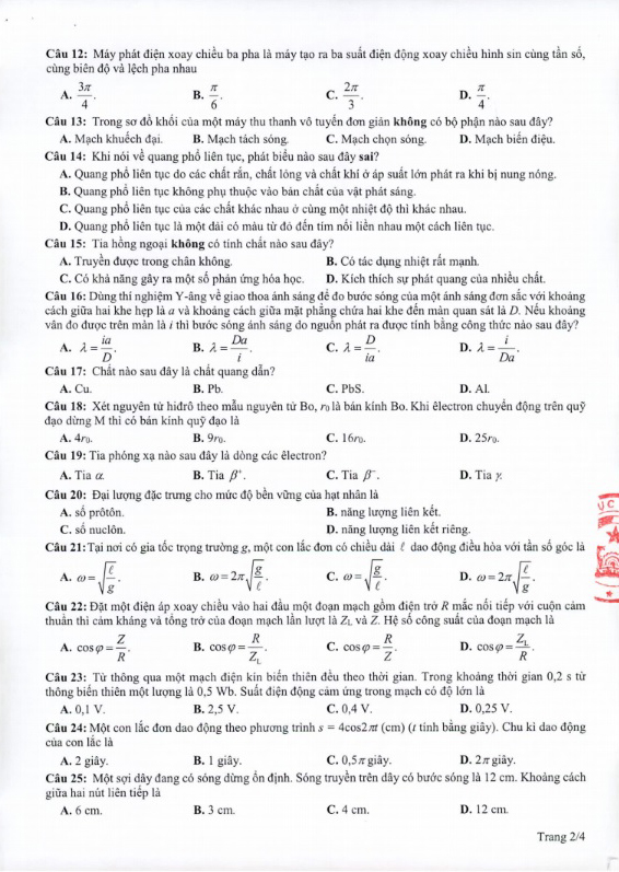 Đáp án Vật Lý THPT Quốc gia 2021