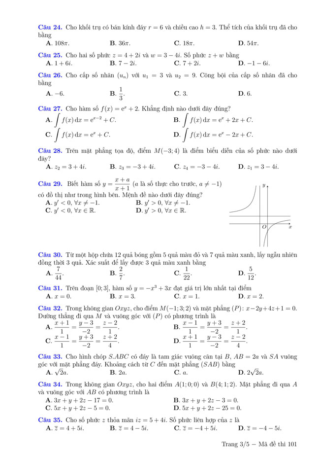 Đáp án đề thi THPT Quốc gia 2021 môn Toán