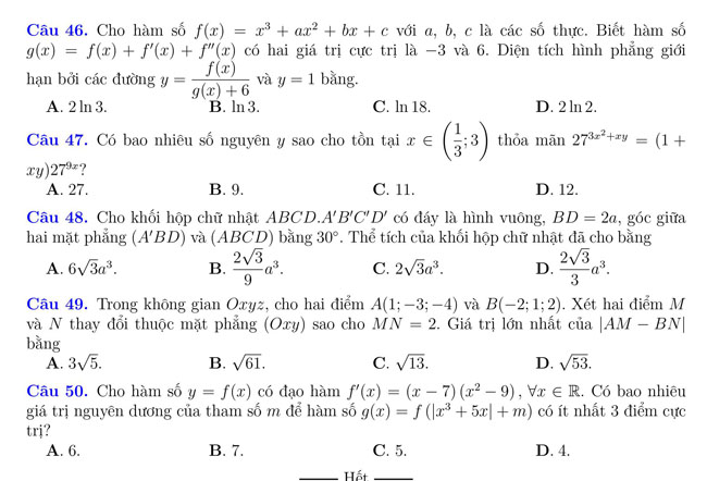 Đáp án đề thi THPT Quốc gia 2021 môn Toán