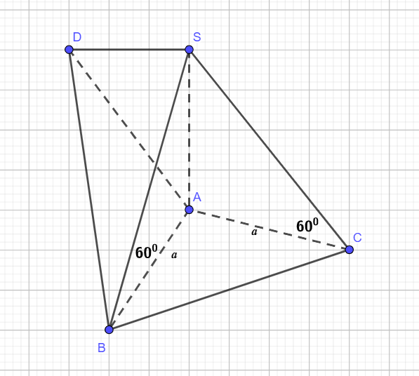 Cho hình chóp SABC có đáy ABC vuông cân tại A , cạnh bên tạo với đáy góc bằng nhau và bằng 60^0