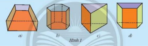 Hoạt động trang 55 Toán 7 tập 1 SGK Chân trời sáng tạo Hoạt động (SGK trang 55): Hình nào sau đây có: a) Các mặt bên là hình chữ nhật và hai mặt đáy là hình tam giác? b) Các mặt bên là hình chữ nhật và hai mặt đáy là hình tứ giác? Hướng dẫn giải - Đặc điểm của lăng trụ đứng tam giác: + Hai mặt đáy cùng là tam giác và song song với nhau; mỗi mặt bên là hình chữ nhật. + Các cạnh bên bằng nhau + Chiều cao của hình lăng trụ đứng tam giác là độ dài một cạnh bên. - Lăng trụ đứng tứ giác có 6 mặt, 12 cạnh và 8 đỉnh - Đặc điểm của lăng trụ đứng tứ giác: + Hai mặt đáy cùng là tứ giác và song song với nhau + Các cạnh bên bằng nhau + Chiều cao của hình lăng trụ đứng tứ giác là độ dài một cạnh bên. Lời giải chi tiết Quan sát các hình, ta thấy: - Hình 1a: các mặt bên là hình thang và hai mặt đáy cũng là hình thang. - Hình 1b: các mặt bên là hình chữ nhật và hai mặt đáy là hình lục giác. - Hình 1c: các mặt bên là hình chữ nhật và hai mặt đáy là hình tam giác. - Hình 1d: các mặt bên là hình chữ nhật và hai mặt đáy là hình thang. a) Hình 1c có các mặt bên là hình chữ nhật và hai mặt đáy là hình tam giác. b) Hình 1d có các mặt bên là hình chữ nhật và hai mặt đáy là hình tứ giác (hình thang).